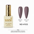 Savni Professional Gel Polish bottle in shade NO-#103, shown next to two almond-shaped nail swatches displaying the glossy and matte top coat finishes.