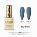 SAVNI Professional Gel Polish bottle in shade NO-#108, shown next to two almond-shaped nail swatches displaying the blue-gray color under both Shine Top Coat and Matte Top Coat finishes.