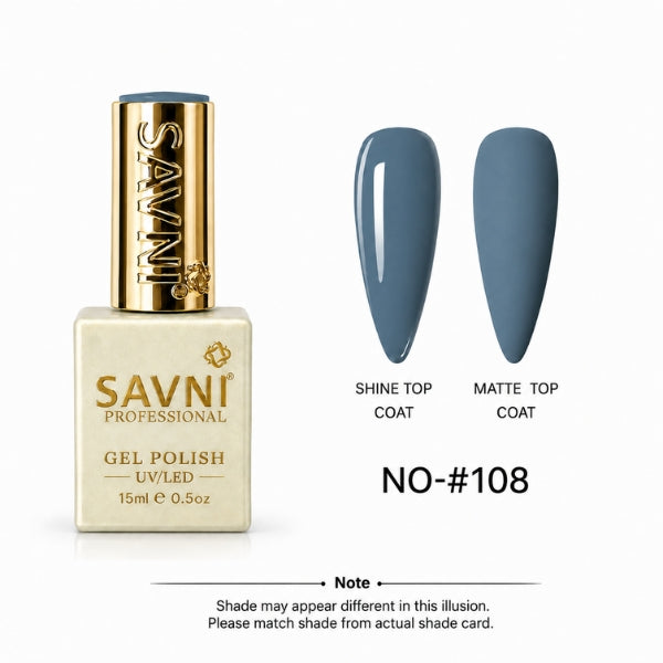 SAVNI Professional Gel Polish bottle in shade NO-#108, shown next to two almond-shaped nail swatches displaying the blue-gray color under both Shine Top Coat and Matte Top Coat finishes.