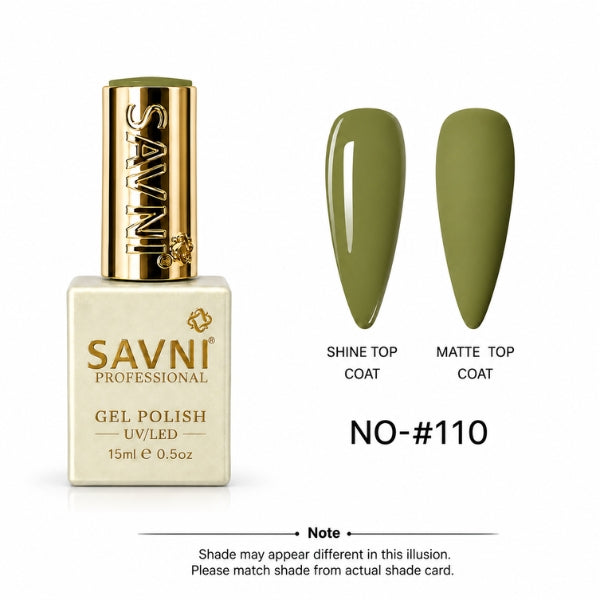Savni Professional Gel Polish bottle in shade No-110, olive green, shown next to two artificial nail tips demonstrating the shine top coat and matte top coat finishes.