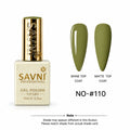 Savni Professional Gel Polish bottle in shade No-110, olive green, shown next to two artificial nail tips demonstrating the shine top coat and matte top coat finishes.