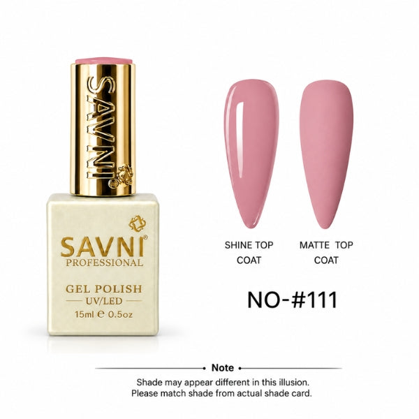 SAVNI Professional Gel Polish bottle in shade NO-#111, shown next to two artificial nail tips displaying the pink polish under shine and matte top coats, on a white background with a note at the bottom.