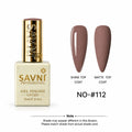 SAVNI Professional Gel Polish bottle in shade NO-#054, shown next to two almond-shaped nail swatches displaying the polish finish under shine and matte top coats on a white background.