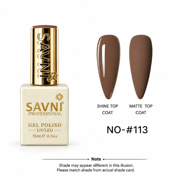 A bottle of SAVNI Professional Gel Polish in shade NO-#113, shown next to two almond-shaped nail swatches displaying the brown polish under shine and matte finishes.
