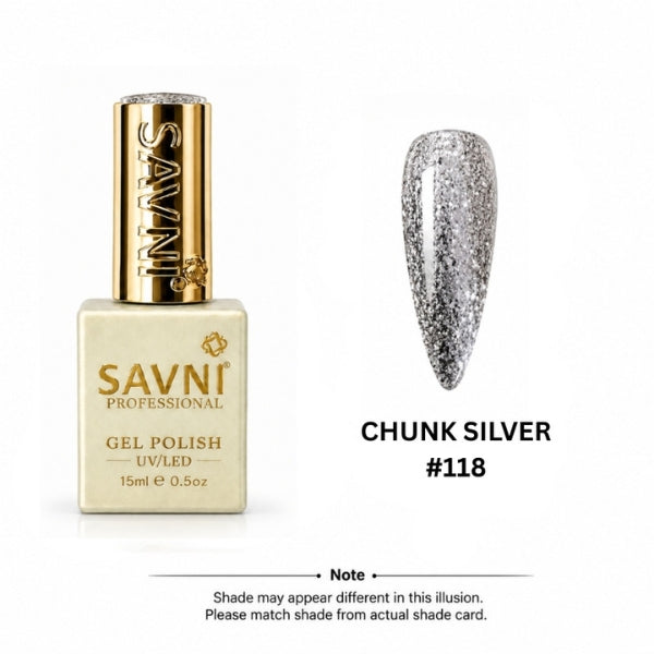 A bottle of SAVNI Professional gel polish in shade Chunk Silver #118, shown next to a nail tip swatch displaying the chunky silver glitter finish. The bottle is a pale gold color with a shiny gold cap, and the background is solid white.