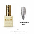 A bottle of SAVNI Professional gel polish in shade Chunk Silver #118, shown next to a nail tip swatch displaying the chunky silver glitter finish. The bottle is a pale gold color with a shiny gold cap, and the background is solid white.