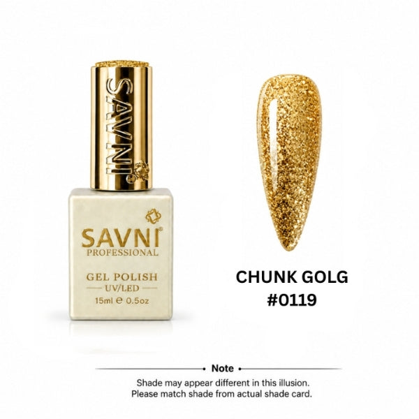 A bottle of SAVNI Professional gel polish in the shade Chunk Gold (#0119) shown next to a glossy, chunky gold nail tip swatch on a white background with a small note at the bottom.