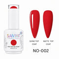SAVNI gel polish bottle with red nail samples labeled 'Shine Top Coat' and 'Matte Top Coat' on a white background.