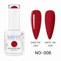 A bottle of SAVNI Professional Soak-Off UV/LED Gel Polish in shade No-008, shown alongside two artificial nail tips demonstrating the red polish finish under Shine Top Coat and Matte Top Coat.