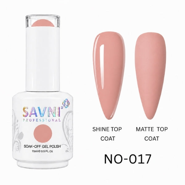 A bottle of SAVNI Professional Soak-Off  UV/LED Gel Polish in shade NO-017, shown alongside two artificial nail tips displaying the polish finish: a glossy shine top coat and a matte top coat.