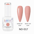 A bottle of SAVNI Professional Soak-Off  UV/LED Gel Polish in shade NO-017, shown alongside two artificial nail tips displaying the polish finish: a glossy shine top coat and a matte top coat.
