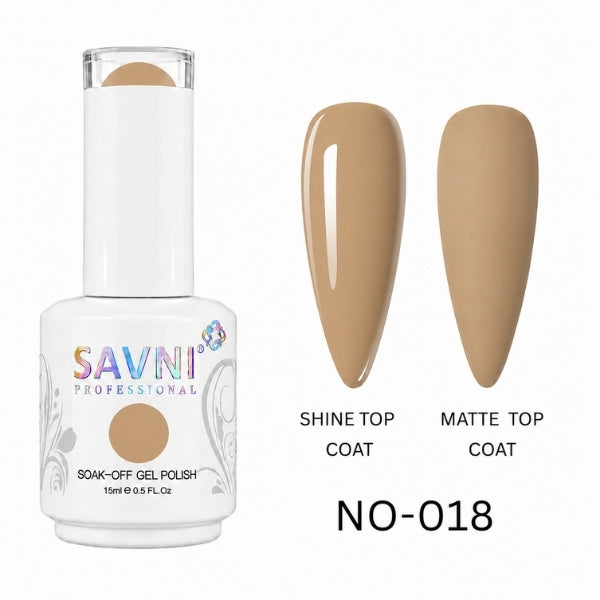 SAVNI Professional UV/LED gel polish bottle with two nail samples, one shiny and one matte, on a white background.