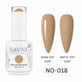 SAVNI Professional UV/LED gel polish bottle with two nail samples, one shiny and one matte, on a white background.