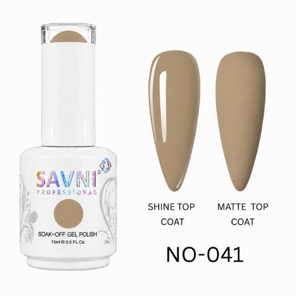 SAVNI Professional gel polish UV/LED  bottle with two nail samples, one for shine top coat and one for matte top coat, on a white background.