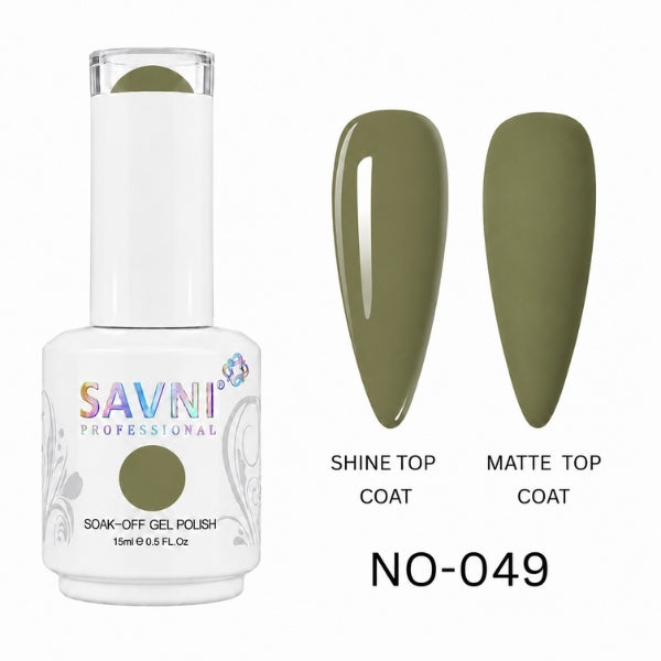 SAVNI Professional gel polish bottle with olive green nail samples and text indicating top coat options.