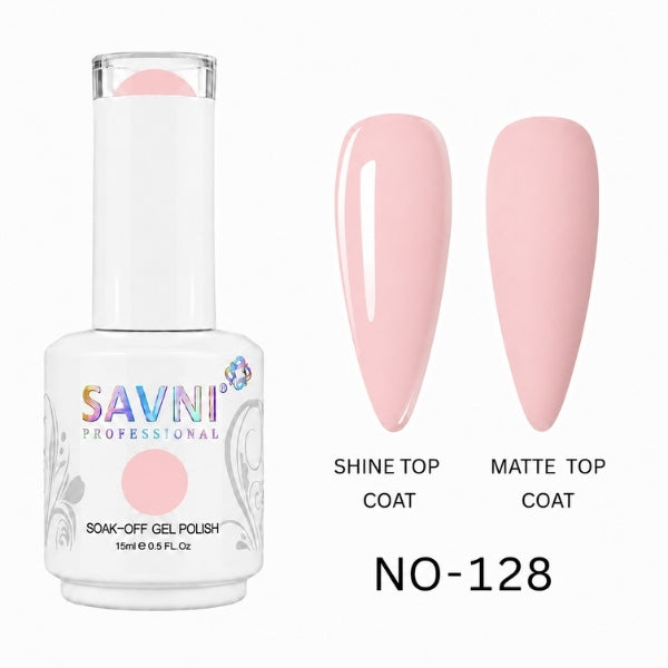SAVNI Professional Regular gel polish No. 128 with glossy shine and matte nail finishes, 15ml UV LED soak-off nail colour.