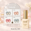 SAVNI cat eye gel polish 15 ml bottle beside a Model 4001 display card with four paired shimmer nail swatches. USE IN NAIL ART EXTENTION