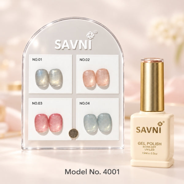 SAVNI cat eye gel polish 15 ml bottle beside a Model 4001 display card with four paired shimmer nail swatches. USE IN NAIL ART EXTENTION
