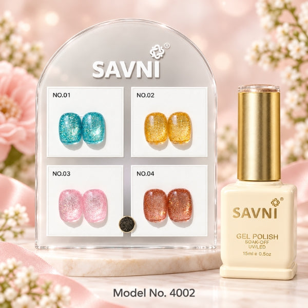 SAVNI cat eye gel polish 15 ml bottle beside a Model 4002 display card with four paired shimmer nail swatches. USE IN NAIL ART EXTENTION 
