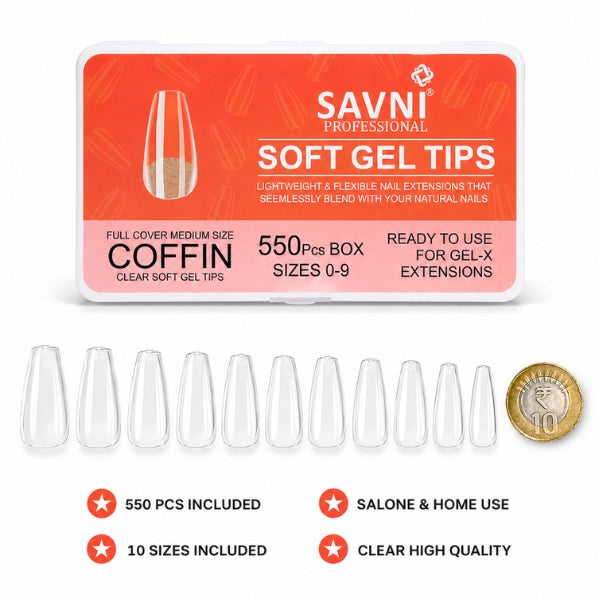 SAVNI Professional clear soft gel coffin nail tips, 550-piece full cover medium set in 10 sizes for gel extensions.