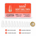SAVNI Professional clear soft gel coffin nail tips, 550-piece full cover medium set in 10 sizes for gel extensions.