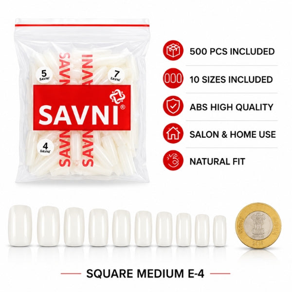SAVNI E-4 square medium nail tips, 500-piece ABS set in 10 sizes with a natural fit for salon and home use.