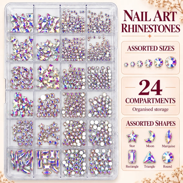 Nail Art Rhinestones – 24-Compartment Assorted AB Crystals-5100