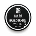 A round black lid for Bolt Bee Professional Builder Gel, shade White 3, with white text and logo details, set against a plain white background. USE IN NAIL ART EXTENTION