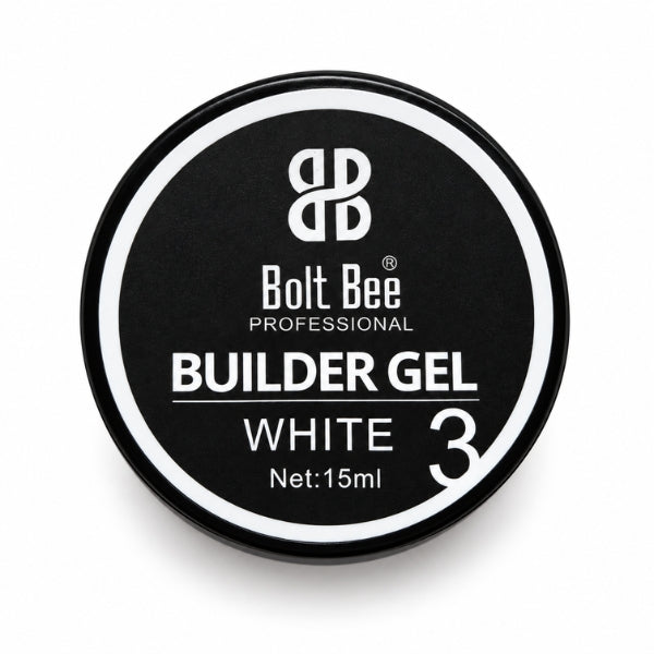 A round black lid for Bolt Bee Professional Builder Gel, shade White 3, with white text and logo details, set against a plain white background. USE IN NAIL ART EXTENTION
