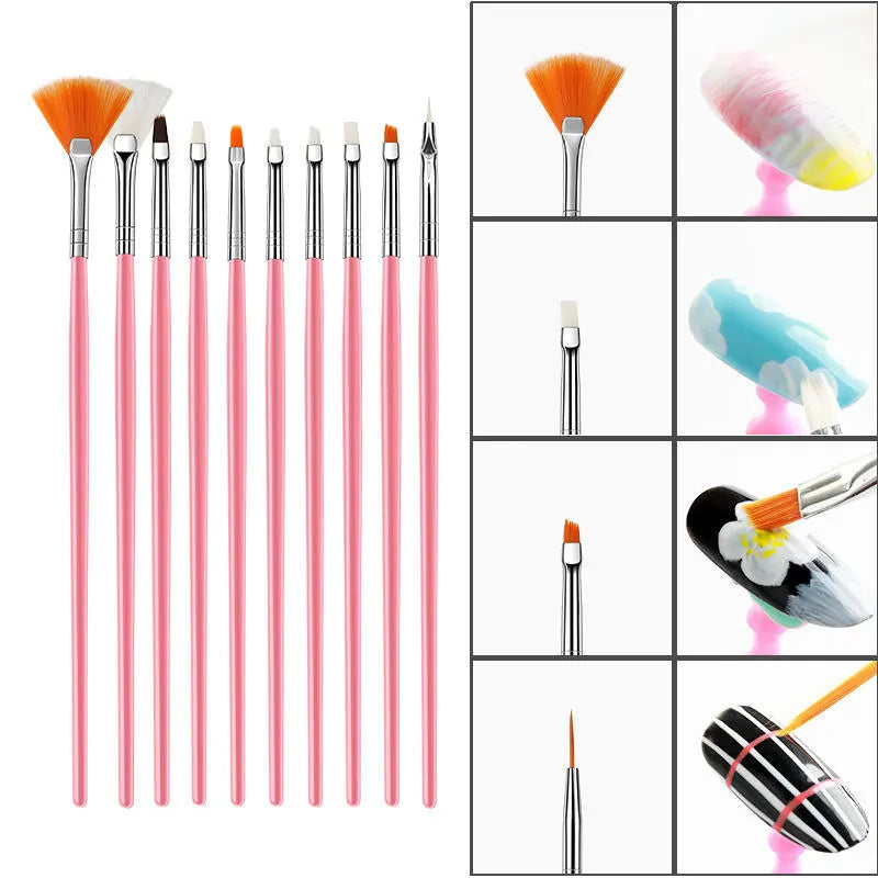 Fan, Detailing, Acrylic, Gel, Angled & Dotting Tool Mix Brushes - Set of 15 - 1008