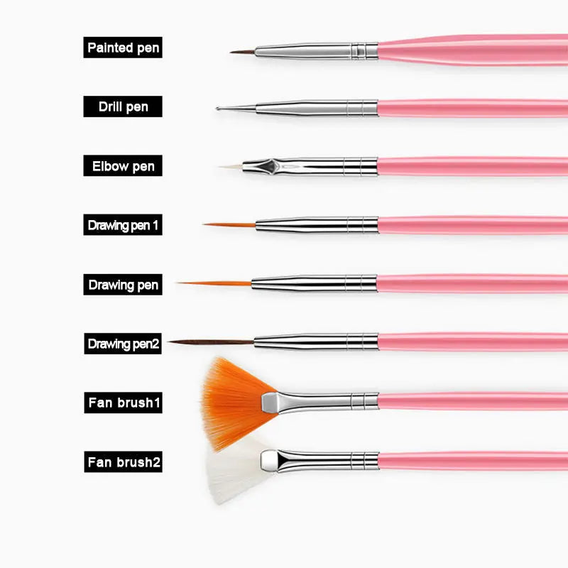 Fan, Detailing, Acrylic, Gel, Angled & Dotting Tool Mix Brushes - Set of 15 - 1008